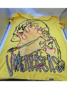 Valabasas Vintage Yellow Sz M Distressed Graphic Tee Rhinestones Skeleton  Punk